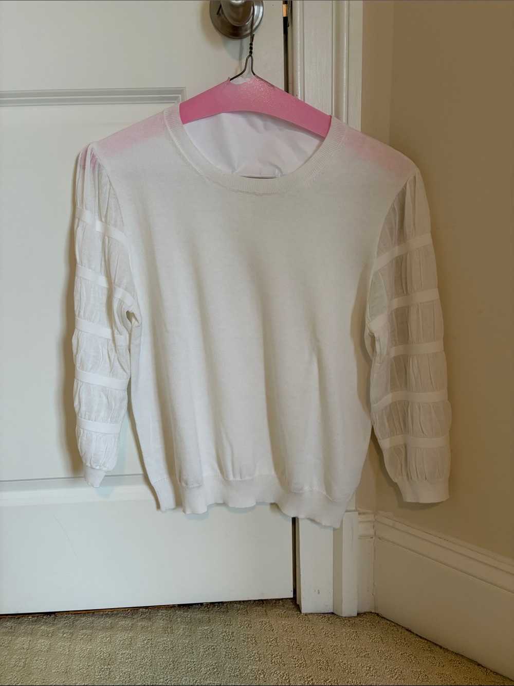 Autumn Cashmere Cream Scoop Neck Sweater with Sheer Paneled Sleeves